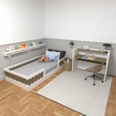 Conjunto Infantil de Cama Montessoriana e Escrivaninha com Regulagem de Altura Branco/Carvalho Mel