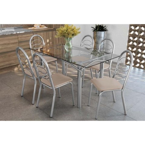 Sala de Jantar Completa Elba C/ Tampo de Vidro 150cm e 6 Cadeiras Holanda Cromada - Courano Bege -