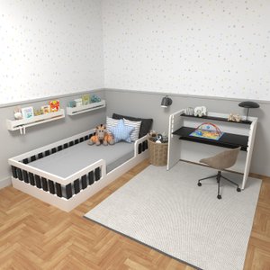 Conjunto Infantil de Cama Montessoriana e Escrivaninha com Regulagem de Altura