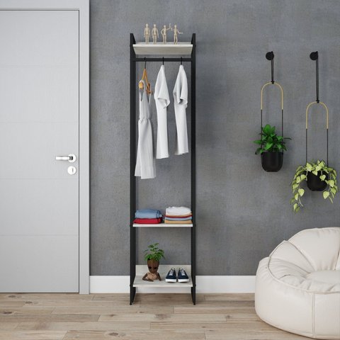 Estante Closet Arara Industrial 3 Prateleiras 187x45cm Dynamica Branco/Snow/Preto