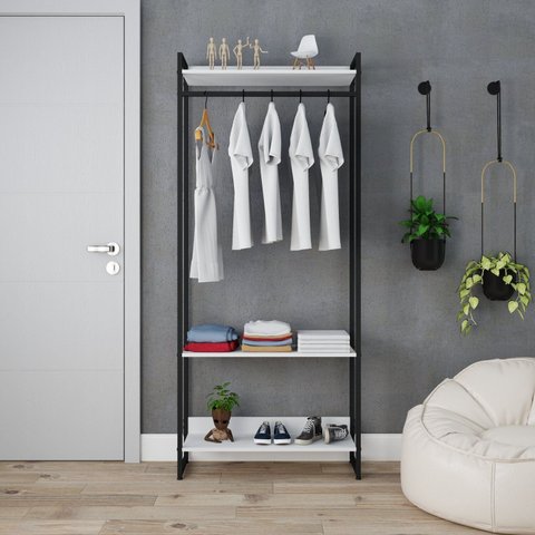 Estante Closet Arara Industrial 3 Prateleiras 187x80cm Dynamica Yescasa Branco/Chess/Preto