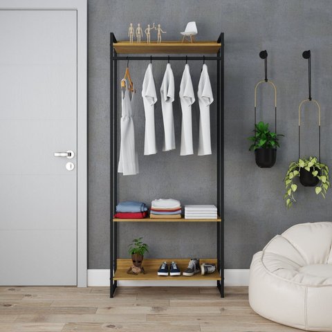Estante Closet Arara Industrial 3 Prateleiras 187x80cm Dynamica Yescasa Marrom/Lâmina Mel/Preto