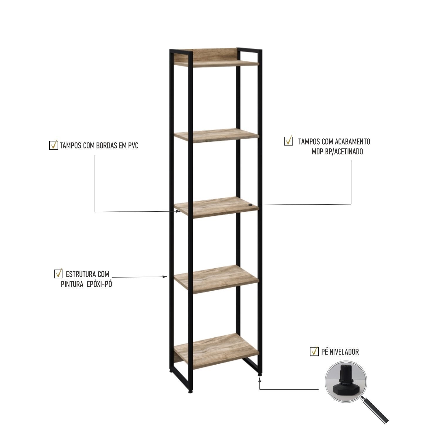 Estante para Livros Industrial Multiuso 5 Prateleiras 187x45cm Dynamica Yescasa  - 5