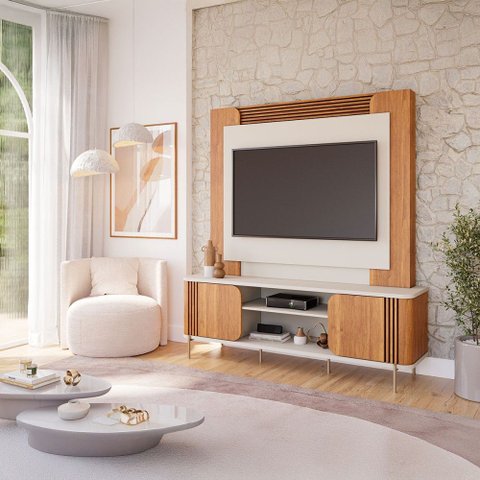 Estante para TV até 60 Polegadas Chicago 2 Portas Ripado 100% MDF Off White/Cinamomo - Permóbili
