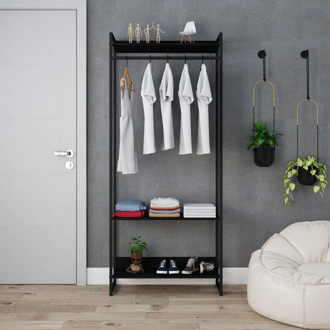 Estante Closet Arara Industrial 3 Prateleiras 187x80cm Dynamica Yescasa Preto/Ônix