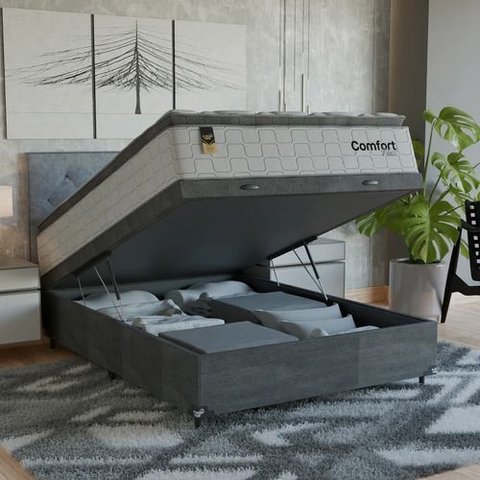 Cama Box Baú Viúva + Colchão Comfort Class Pillow Top Branco/suede Cinza