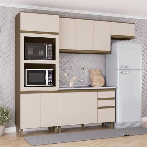 Cozinha Compacta Modulada 4 Peças 2 Fornos 100% MDF Connect Marrom/Bege