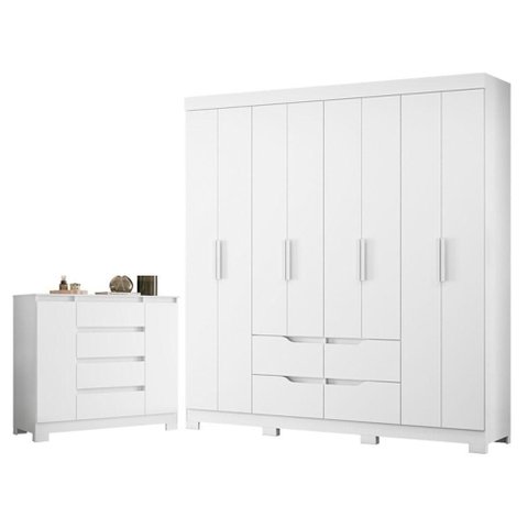 Guarda Roupa Casal Doble 8 Portas de Bater com Cômoda e Sapateira 4 Gavetas MDP Branco Flex
