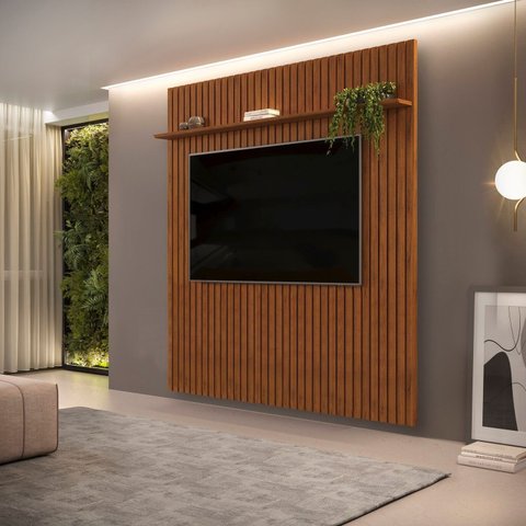 Painel Ripado para TV até 75 Polegadas MDF 223CMX240CM 1 Prateleira Trento Marrom
