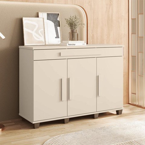 Balcão Buffet Aparador Rubi com 3 Portas e 1 Gaveta com Repartição Bege/Off White