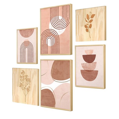 Kit 6 Quadros para Quarto Moderno com Moldura Rosa Formas Boho
