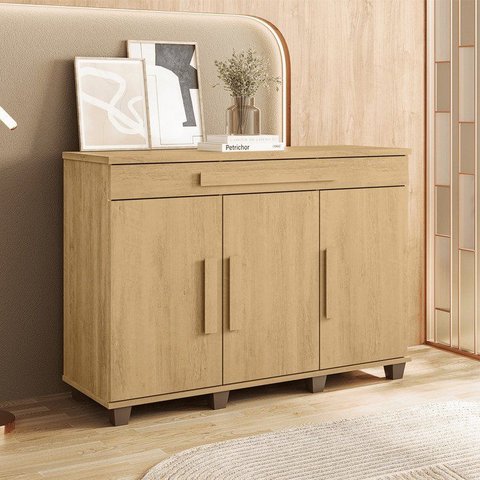 Balcão Buffet Aparador Rubi com 3 Portas e 1 Gaveta com Repartição Bege/Cinamomo