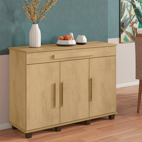 Balcão Buffet Aparador Rubi com 3 Portas e 1 Gaveta com Repartição Bege/Cinamomo