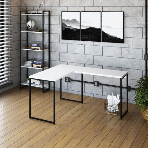 Escrivaninha Mesa Escritório L Estilo Dynamica 140cm Industrial Yescasa Branco Chess e Preto
