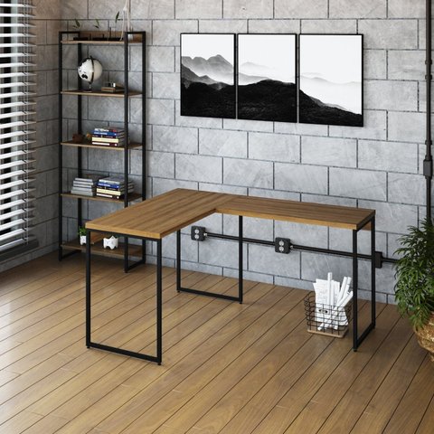 Escrivaninha Mesa Escritório L Estilo Dynamica 140cm Industrial Yescasa Lamina Mel e Preto Marrom