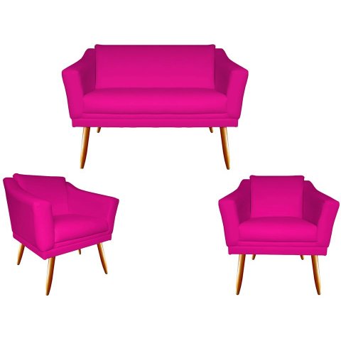 Kit Namoradeira + 2 Poltronas Decorativa Agatha Couro Rosa Pink Pés Madeira Ms Decor