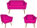 Ver imagem 1 de Kit Namoradeira + 2 Poltronas Decorativa Agatha Couro Rosa Pink Pés Madeira Ms Decor