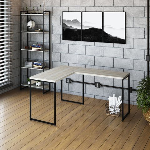 Escrivaninha Mesa Escritório L Estilo Dynamica 140cm Industrial Yescasa Snow e Preto Branco