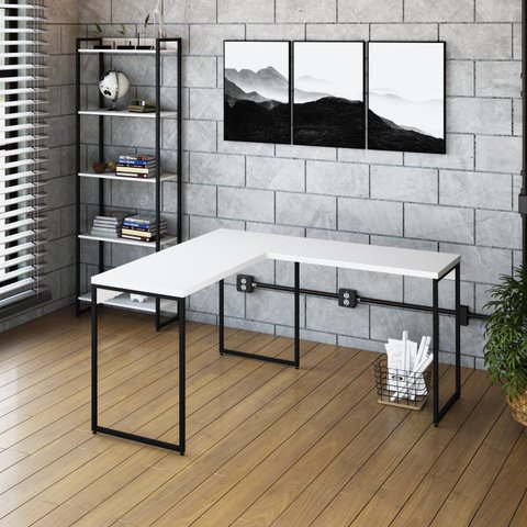 Escrivaninha Mesa Escritório L Estilo Dynamica 140cm Industrial Yescasa Branco Chess e Preto