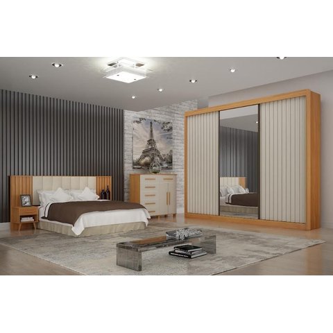 Guarda Roupa Casal com Espelho 100% MDF 3 Portas de Correr 276cm Ripado São Paulo Cinamomo/Off White - Leifer