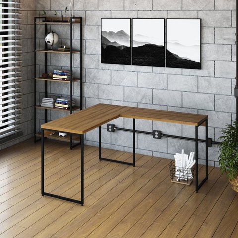 Escrivaninha Mesa Escritório L Estilo Dynamica 140cm Industrial Yescasa Lamina Mel e Preto Marrom