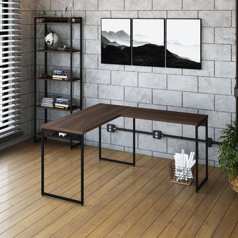 Escrivaninha Mesa Escritório L Estilo Dynamica 140cm Industrial Yescasa Nogal e Preto Marrom