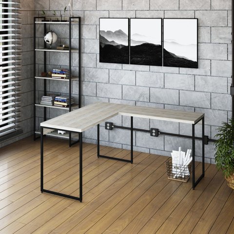 Escrivaninha Mesa Escritório L Estilo Dynamica 140cm Industrial Yescasa Snow e Preto Branco