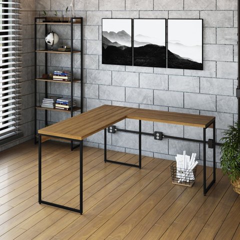 Escrivaninha Mesa Escritório L Estilo Dynamica 140cm Industrial Yescasa Lamina Mel E Preto