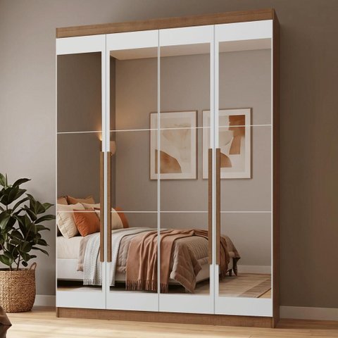 Guarda-Roupa Solteiro 4 Portas Batentes com Espelhos Rustic/Branco/Rustic Netuno Madesa