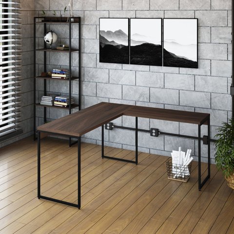 Escrivaninha Mesa Escritório L Estilo Dynamica 140cm Industrial Yescasa Nogal e Preto Marrom
