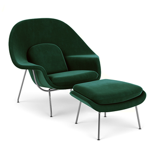 Poltrona Womb Chair com Puff Base Cromada Veludo Verde