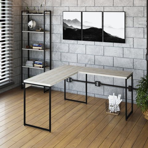 Escrivaninha Mesa Escritório L Estilo Dynamica 140cm Industrial Yescasa Snow e Preto Branco