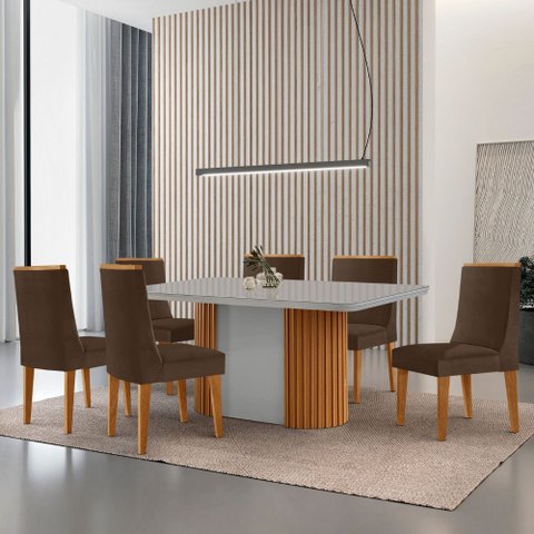 Mesa de Jantar Aspen 180cm Tampo Mdf Vidro com 6 Cadeiras Lisboa Moderna Mobília