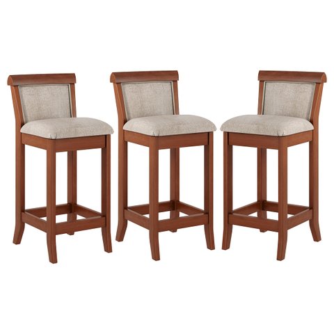 Kit 3 Banquetas Média Estofada Encosto Mônaco 36x90Cm Bancada Madeira Maciça Linho Bege M58 - RMI