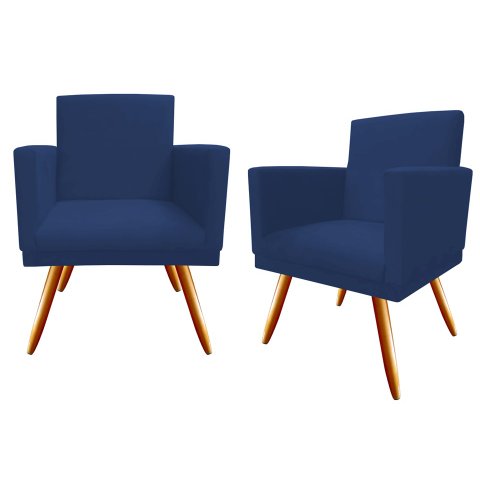 Kit 2 Poltronas Decorativa Bia Suede Azul Marinho Pés Madeira Ms Decor