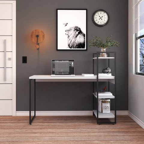 Escrivaninha Mesa Escritório com Estante Alta Estilo com Dynamica 03 Prateleiras 64cm Industrial Yescasa Branco Chess e Preto