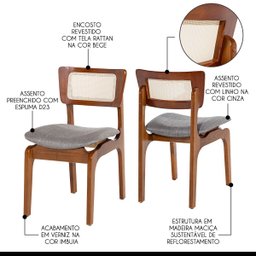 Cadeira de Jantar Portugal Madeira Imbuia com Encosto Tela Rattan Linho Cinza L55 - 4
