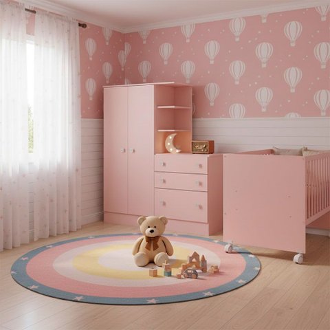 Quarto Bebê Infantil Doce Sonho Berço Reto Rodizio e Guardar Roupas com Cômoda Qmovi