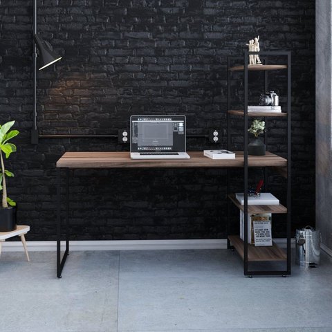 Escrivaninha Mesa Escritório com Estante Alta Estilo com Dynamica 04 Prateleiras 64cm Industrial Yescasa Nogal Marrom/Preta