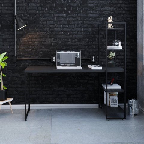 Escrivaninha Mesa Escritório com Estante Alta Estilo com Dynamica 04 Prateleiras 64cm Industrial Yescasa Preto Onix