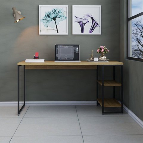 Escrivaninha Mesa Escritório com Estante Baixa Estilo com Dynamica 02 Prateleiras 60cm Industrial Lâmina Mel Marrom/Preta