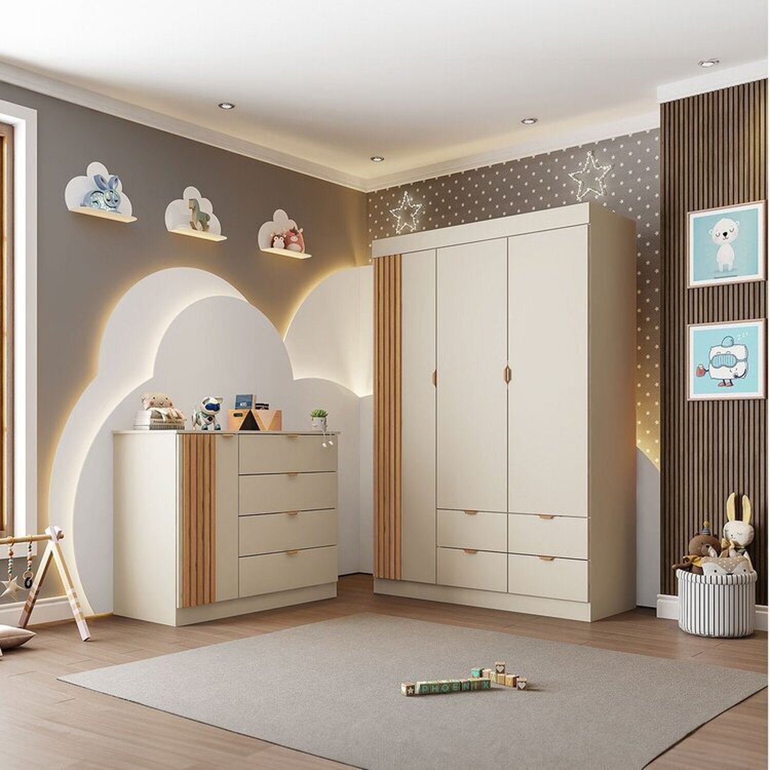 Quarto Infantil Completo Guarda-roupa 3 Portas 4 Gavetas com Cômoda 100% Mdf Ayla