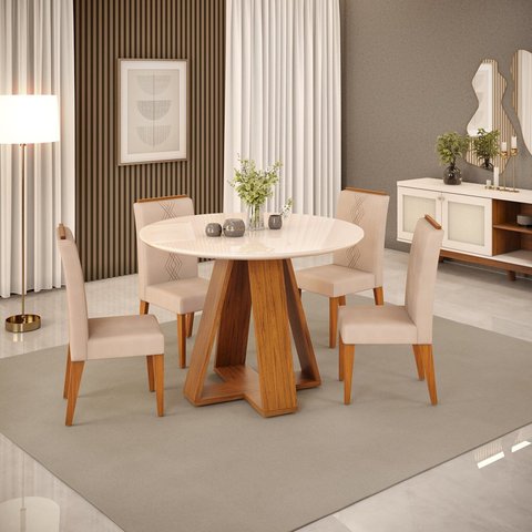 Conjunto Sala de Jantar Mesa Redonda Kiara Tampo de Vidro com 4 Cadeiras Yasmin Marrom/Freijó/Off White/Veludo Kraft