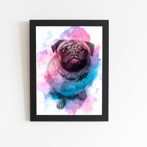 Quadro Cachorro Pug Cão Tinta Aquarela Moldura 30x40cm