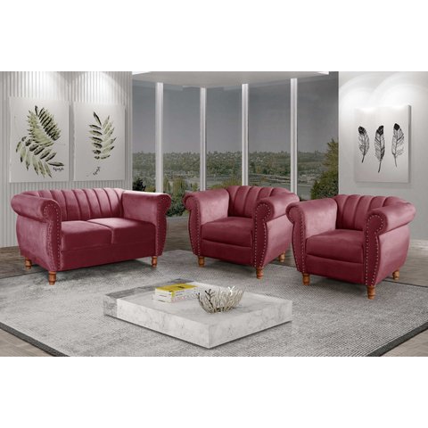 Conjunto Realeza Sofá com Poltronas Chesterfield Decoração Vermelho Bordô