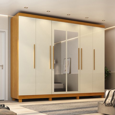 Guarda-Roupa Casal 6 Portas Carnaúba com Espelho e com Pés CabeCasa MadeiraOriginals 100% MDF Marrom/Marrome/Off White