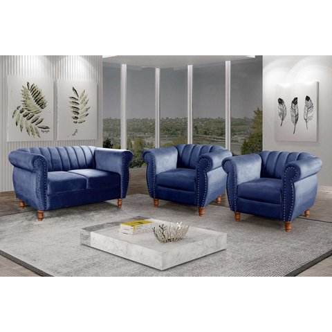 Conjunto Realeza Sofá com Poltronas Chesterfield Decoração Azul Marinho