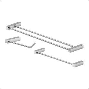 Kit de Acessórios para Banheiro Duplo Grego Metal 3 Peças Suporte Quadrado Alto Brilho Troia