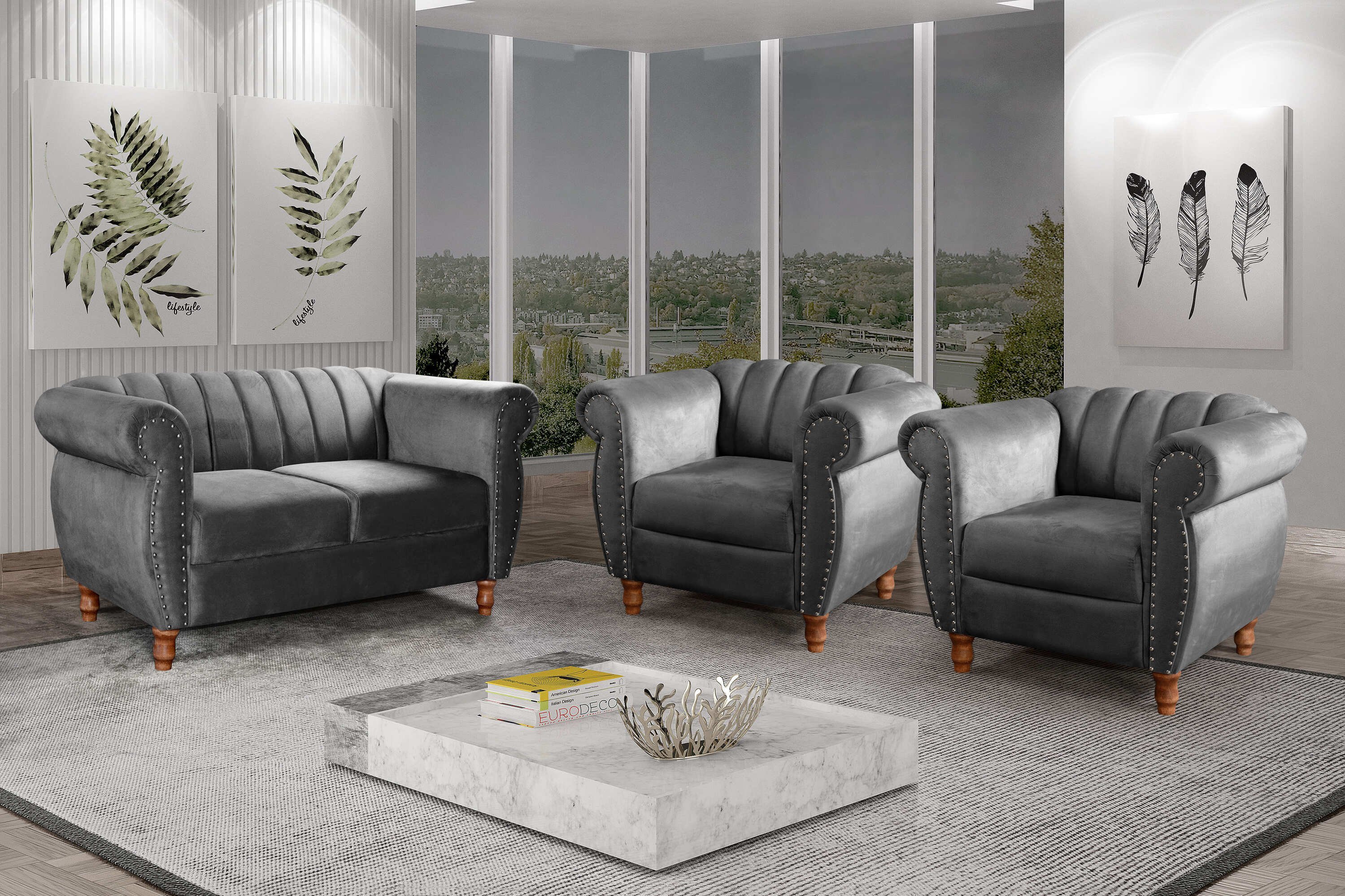 Conjunto Realeza Sofá com Poltronas Chesterfield Decoração - 1