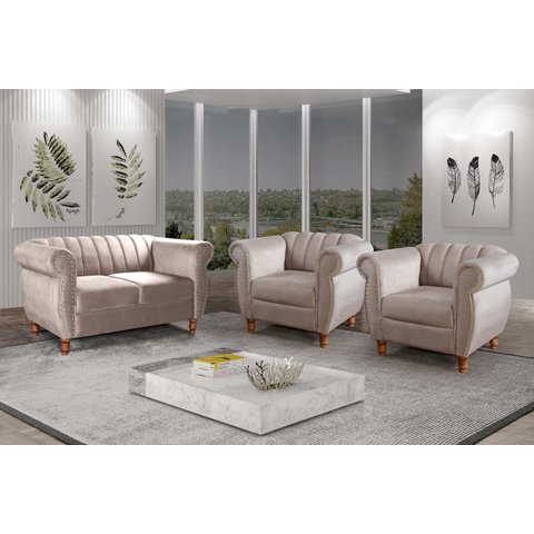 Conjunto Realeza Sofá com Poltronas Chesterfield Decoração Cinza Capuccino